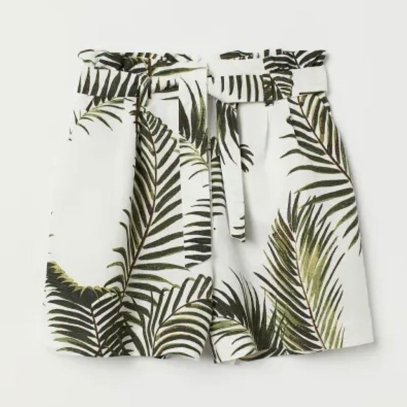 H&M WOMEN'S PALM PRINT PLEATED SHORTS LINEN WHITE 0 - Picture 1 of 5